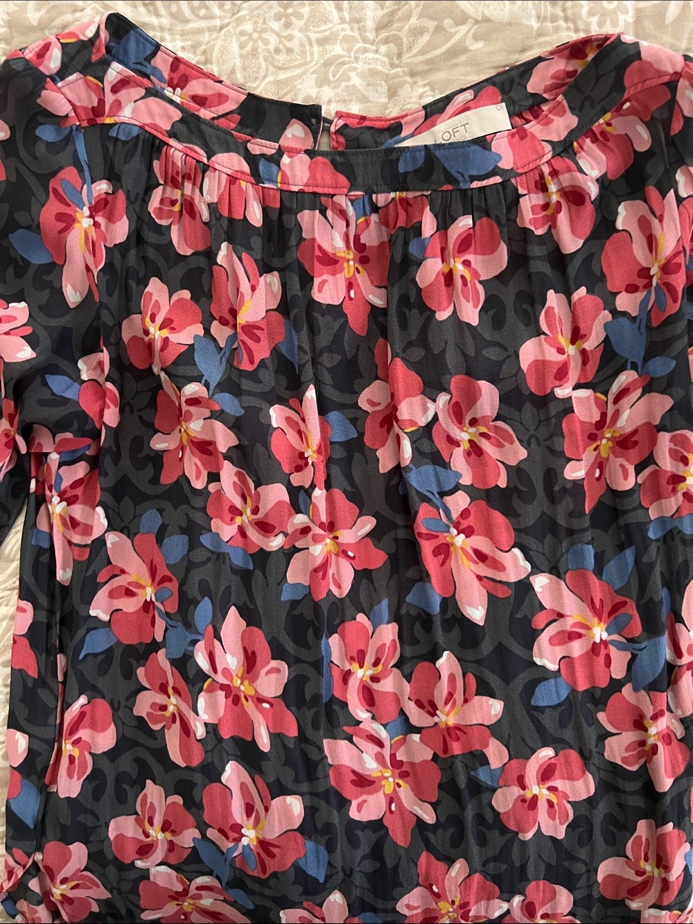 LOFT Black Floral Top with Pink & Blue Blooms